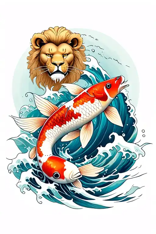 Koi Fish Swimming Upstream In Ocean Waves With Lion Face Above It