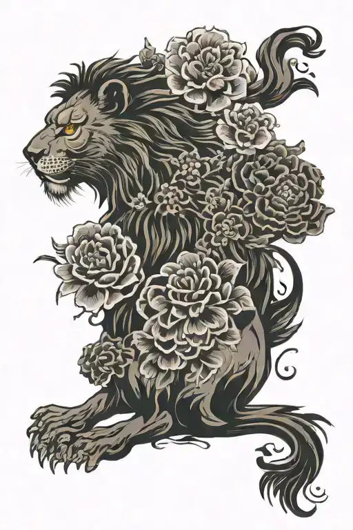 Lion And Flowers Blooming