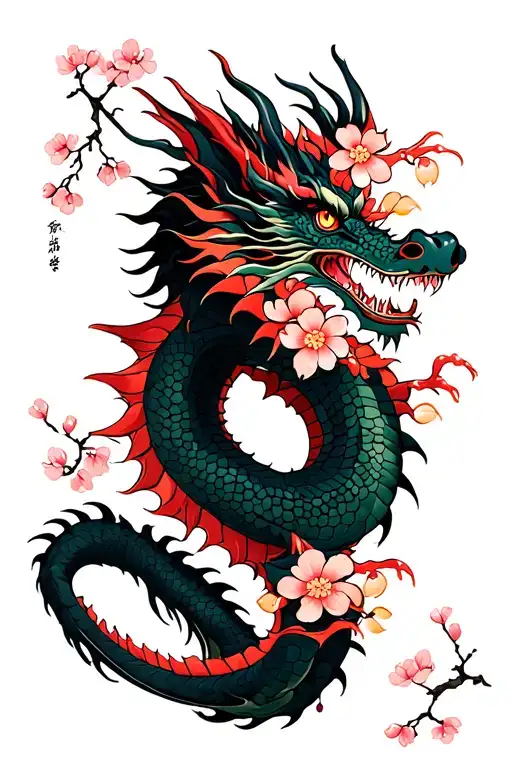 Dragon And Cherry Blossom Tree