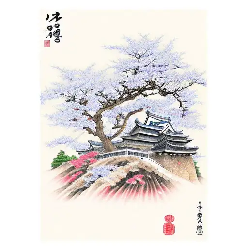 Koreean Castle And Cherry Tree