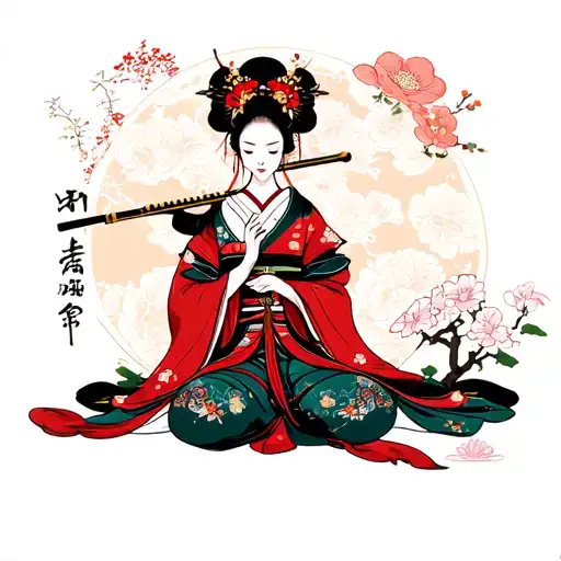 Geisha Playing Flute On Her Knees