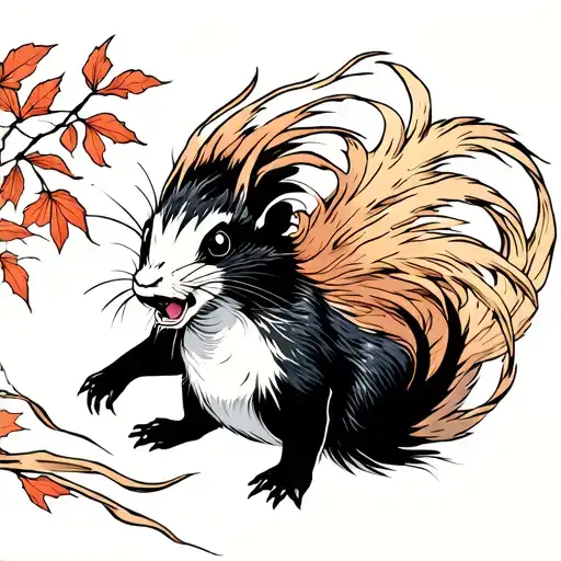 Skunk With Nine Tails Roaring Back Japanese Style With Leaves And Wind Trails