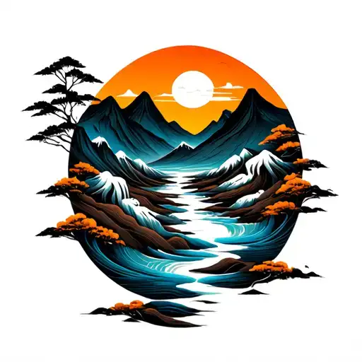 Abstract Flow Lines Creating Mountain With River