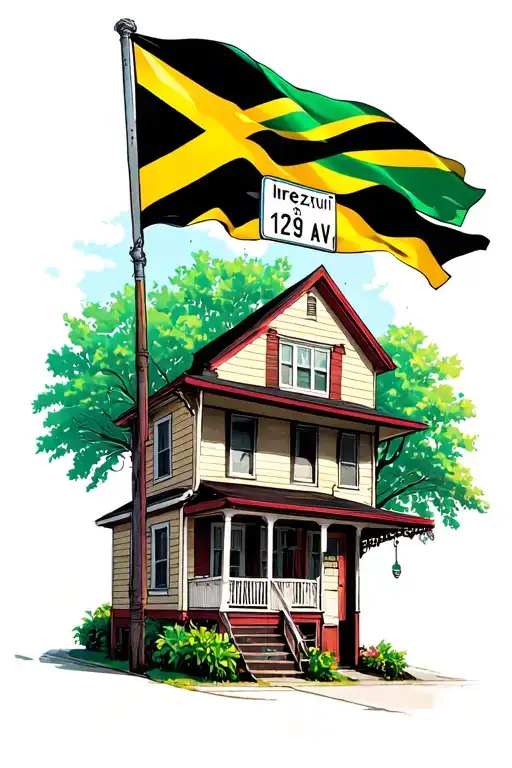 Jamaican Flag And New York City Queens Street Sign And House On The Block That Says 129Th Ave