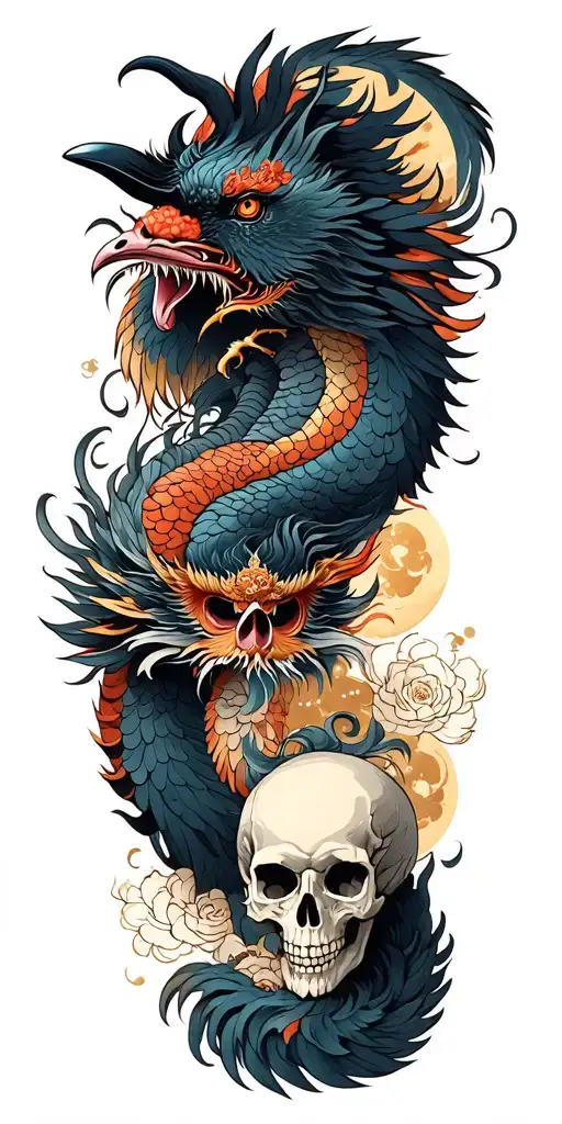 Chinese Dragon And Phoenix And Skull And Moon And Raven