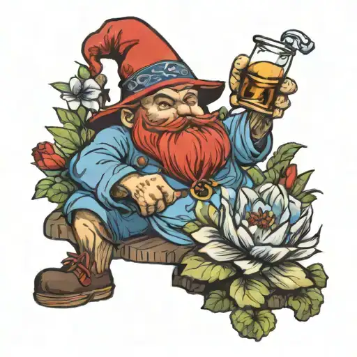 Garden Gnome With Red Hat And Blue Shirt Drinking Rum In Tabern