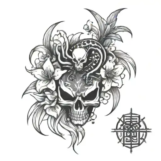 Kitsune And Skull Spider Lily Flower Black Grey