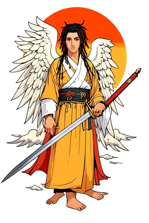 An Angel With Dreads Holding A Sword With The Sun Behind Him And Clouds Surrounding
