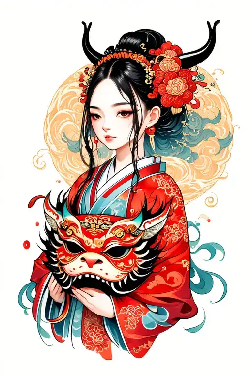 Japanese Girl Holding Oni Mask Surrounded By Swirling