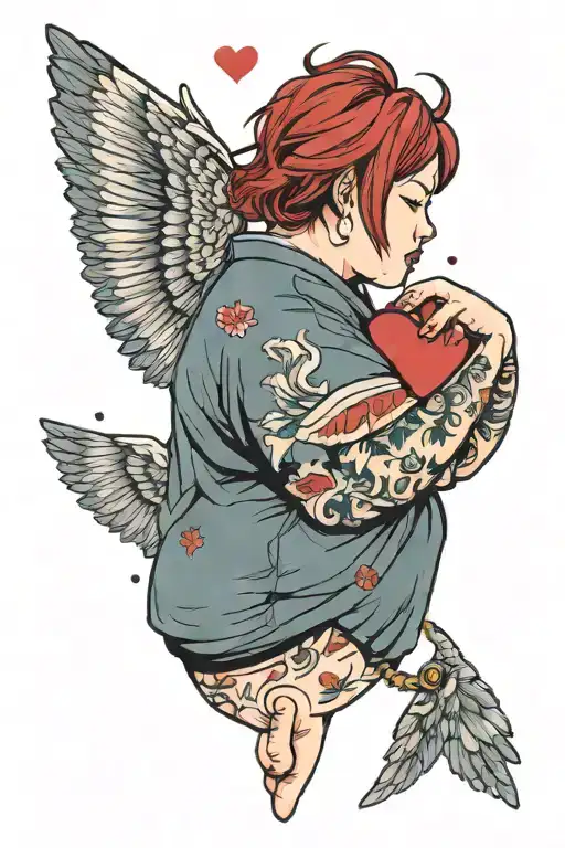 Chubby Girl With Short Red Hair Crying With A Heart In Her Hand And With Broken Wings