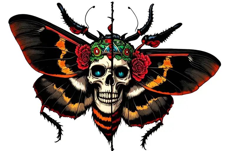 Death Head Moth With Skull And Oni Mask Split In Half