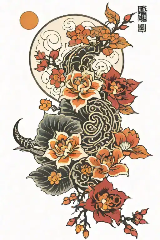 Japanese Flowers With Moon