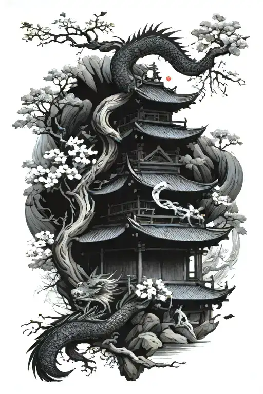 Japanese Temple Surrounded By Dragon Wrapped And Blossom Tree