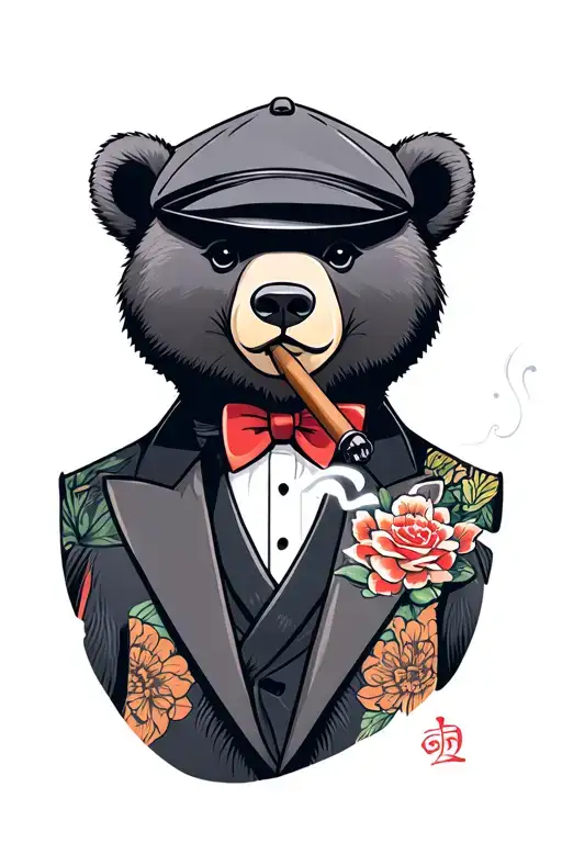 Calm Bear Wearing Flat Cap And Smoking Cigar In Tuxedo