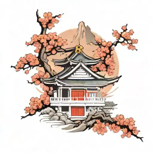 Japanese Temple With Sakura Flowers