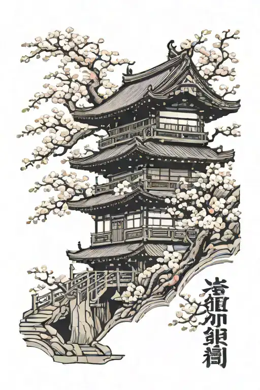 Japanese Temple With Sakura Flowers