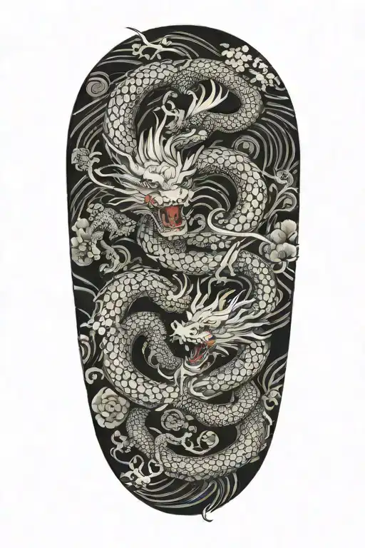 Pattern Incorporating A Dark Dragon Fighting A White Dragon