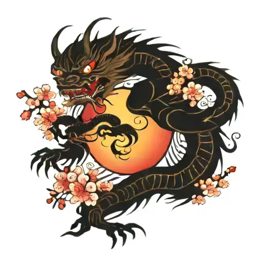 Japanese Dragon Wrapped Around Red Sun With Cherry Blossoms