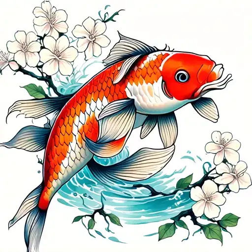 Koi Fish Swimming Upstream Surrounded By Jasmine Flowers With Roots