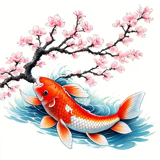 Koi Fish No Water With Japanese Cherry Blossom Tree And Family Tree