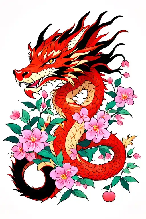 Red Dragon Coons In The Arm With Cherry Flowers Around Her Pink And The Rest Of The Black Filling