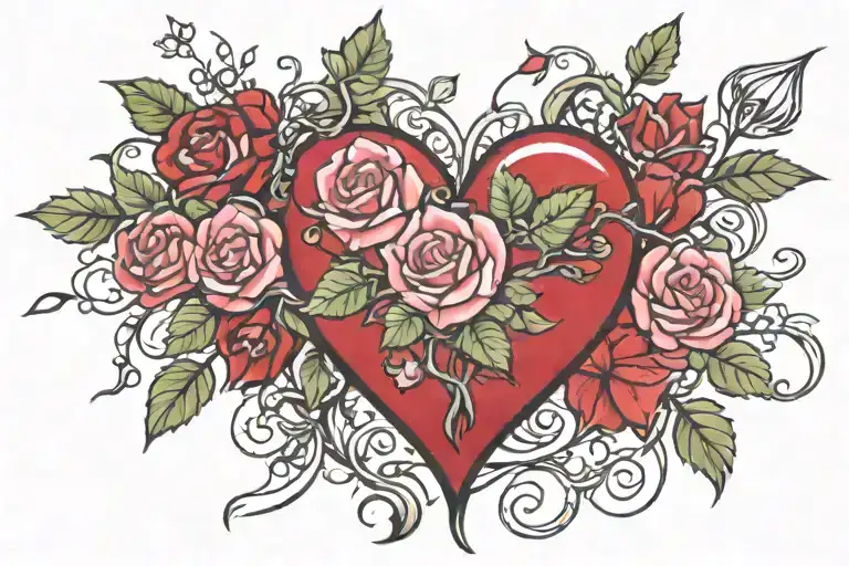 Ruby Red Jeweled Heart Connected To Roses By Thorny Vines Mirrored Left And Right