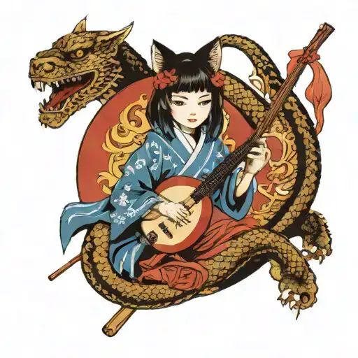 Japanese Girl Playing Shamisen And Samurai Cat Fighting Snake