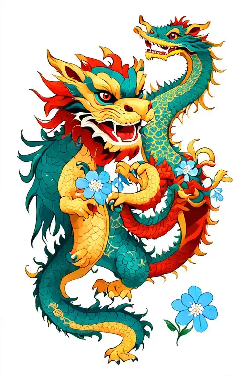 Two Foo Dogs Playing With A Dragon And Forget-me-not Flowers