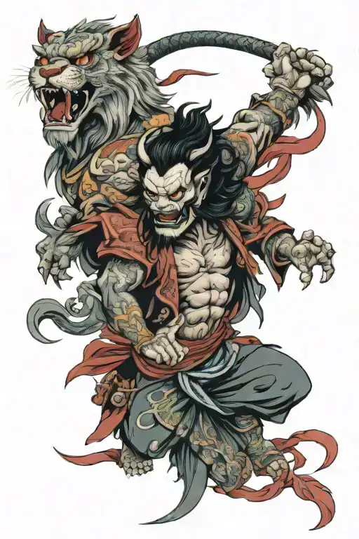 Lion With Hannya Mask And A Warrior Battling