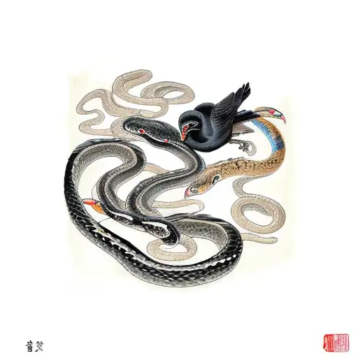 A Snake And A Raven Fighting Each Other