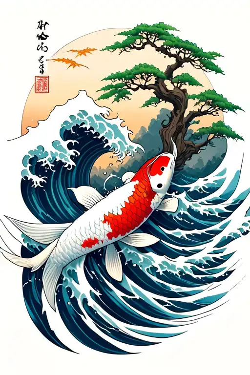 Koi In The Strong Wave And Maple Tree Inside