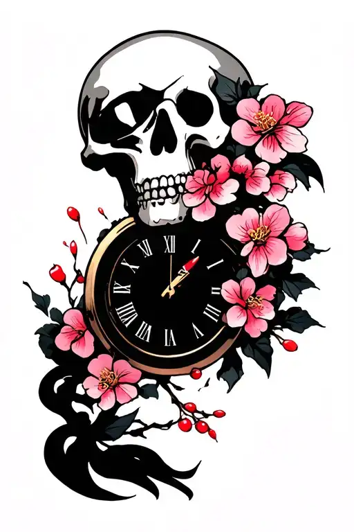 Death Skull With Cherry Blossoms And A Clock Face