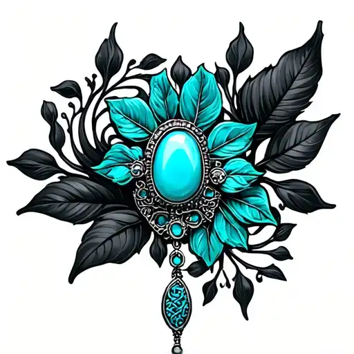 Western Brooch Turquoise Dark Green Leaves And Black Swirls