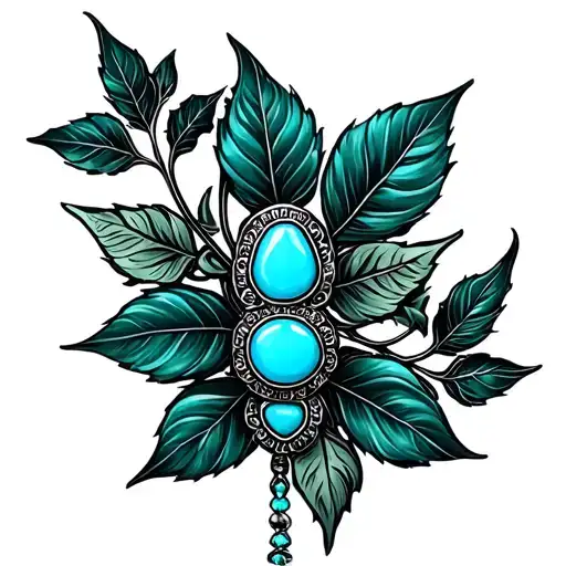 Western Brooch Turquoise Dark Green Leaves And Black Swirls
