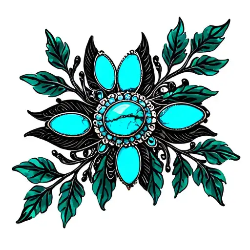Western Brooch Turquoise Dark Green Leaves And Black Swirls