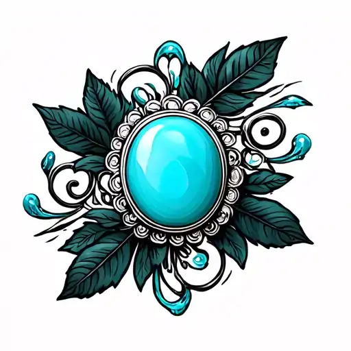 Western Brooch Turquoise Dark Green Leaves And Black Swirls