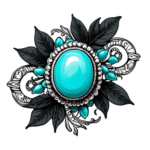 Western Brooch Turquoise Dark Green Leaves And Black Swirls