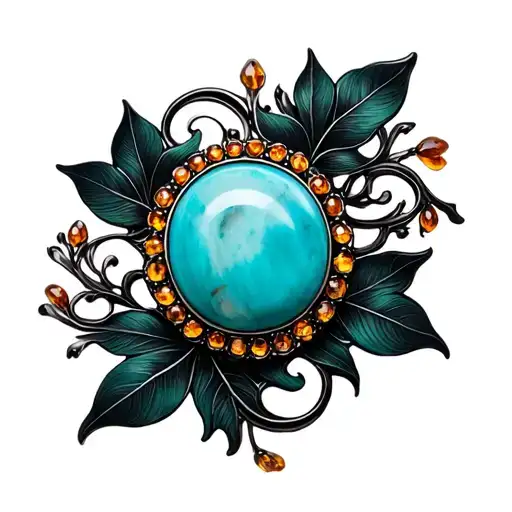 Western Brooch Turquoise With Amber Accents Inside Dark Green Leaves And Black Swirls