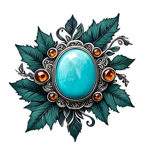 Western Brooch Turquoise With Amber Accents Inside Dark Green Leaves And Black Swirls
