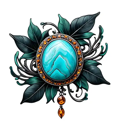 Western Brooch Turquoise With Amber Marble Inside Dark Green Leaves And Black Swirls