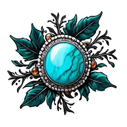 Western Brooch Turquoise With Amber Marble Inside Dark Green Leaves And Black Swirls