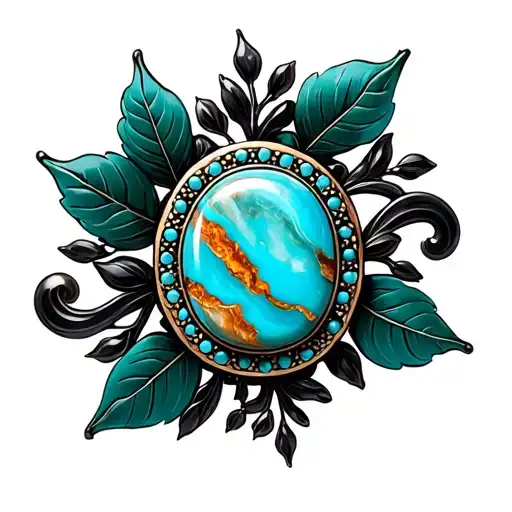 Western Brooch Turquoise With Amber Marble Inside Dark Green Leaves And Black Swirls