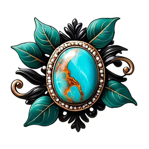 Western Brooch Turquoise With Amber Marble Inside Dark Green Leaves And Black Swirls