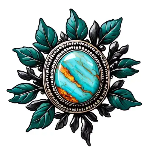 Western Brooch Turquoise With Amber Marble Inside Dark Green Leaves And Black Swirls