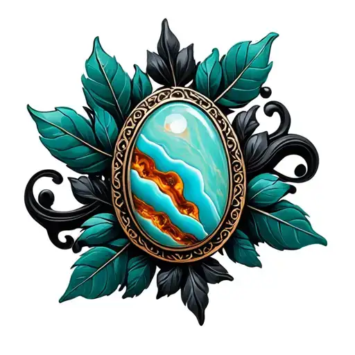 Western Brooch Turquoise With Amber Marble Inside Dark Green Leaves And Black Swirls