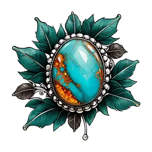 Western Brooch Turquoise With Amber Marble Inside Dark Green Leaves