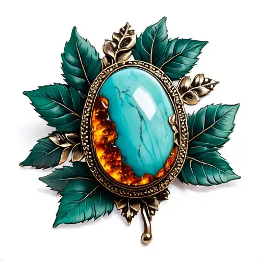 Western Brooch Turquoise With Amber Marble Inside Dark Green Leaves