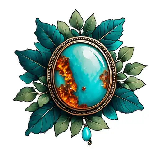 Western Brooch Turquoise With Amber Marble Inside Dark Green Leaves