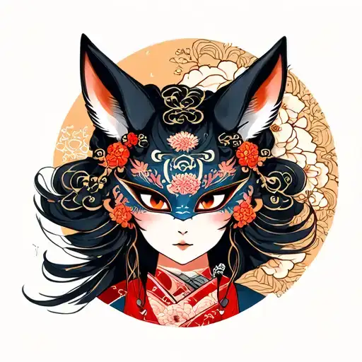 Hanya Mask With The Face Of A Girl And A Mask Of Kitsune