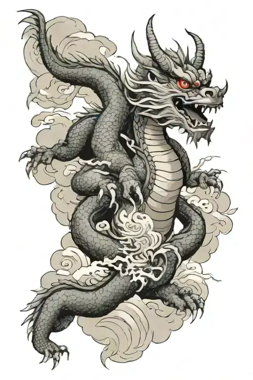 Dragon With Oni Mask Surrounding Mountain